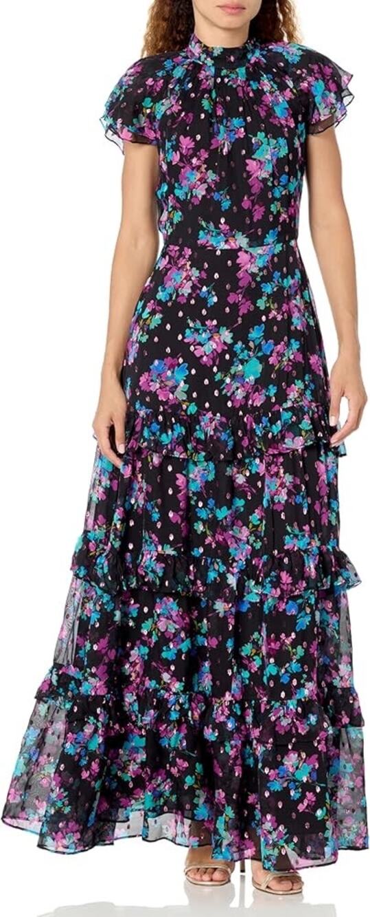 Shoshanna Midnight Loretta Floral Ruffle Gown